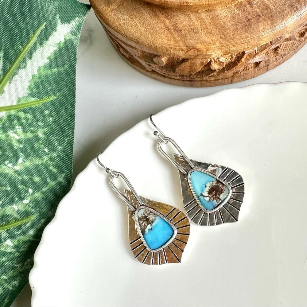 3/$22🩶 Silver Faux Turquoise Stone Earrings Teardrop Etched Southwestern NEW